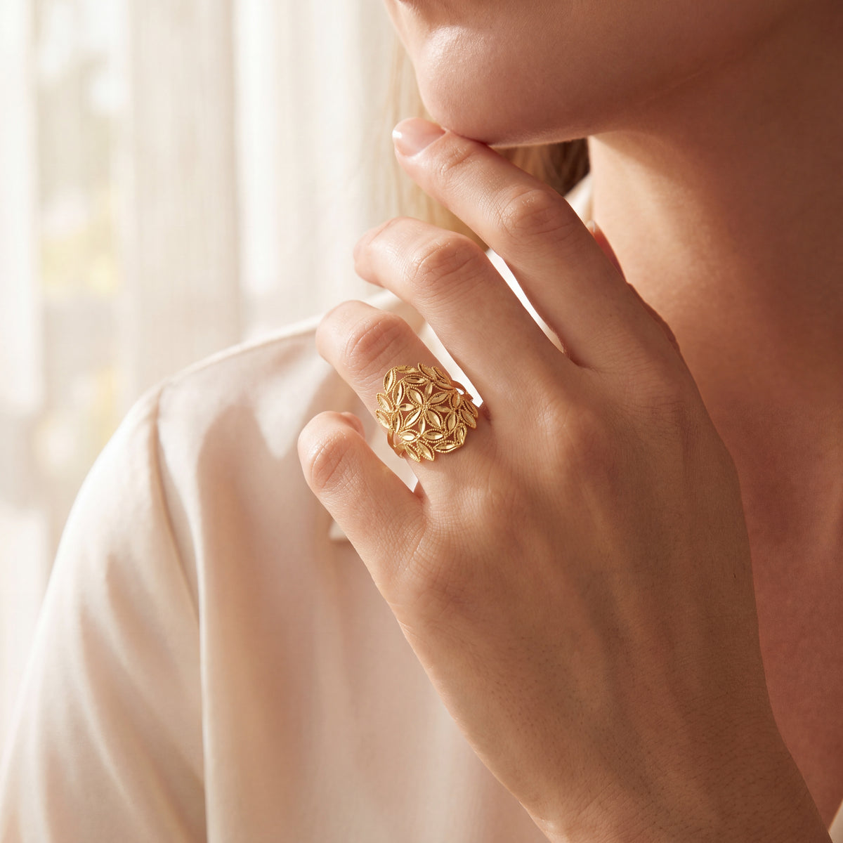 Yellow Gold Floral Openwork Cocktail Ring