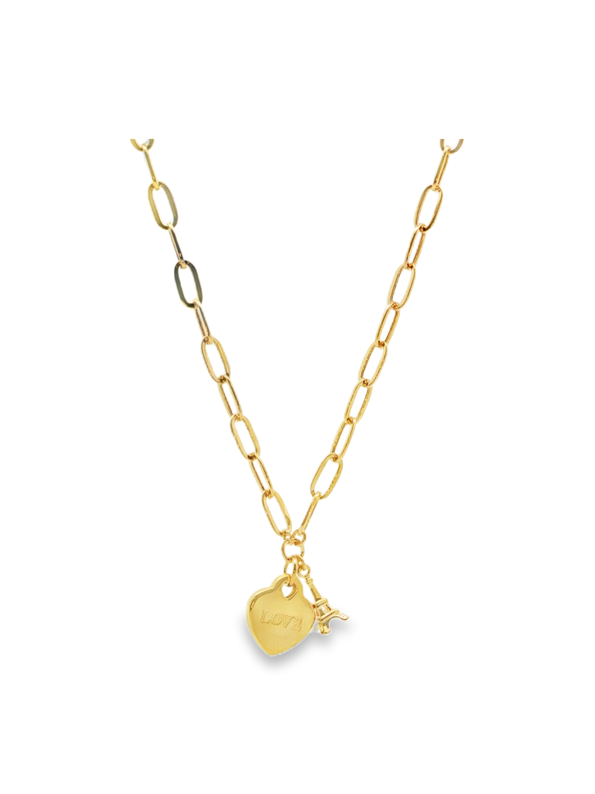 Yellow Gold Love Heart and Eiffel Tower Charm Necklace