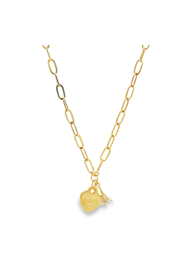 Yellow Gold Love Heart and Eiffel Tower Charm Necklace
