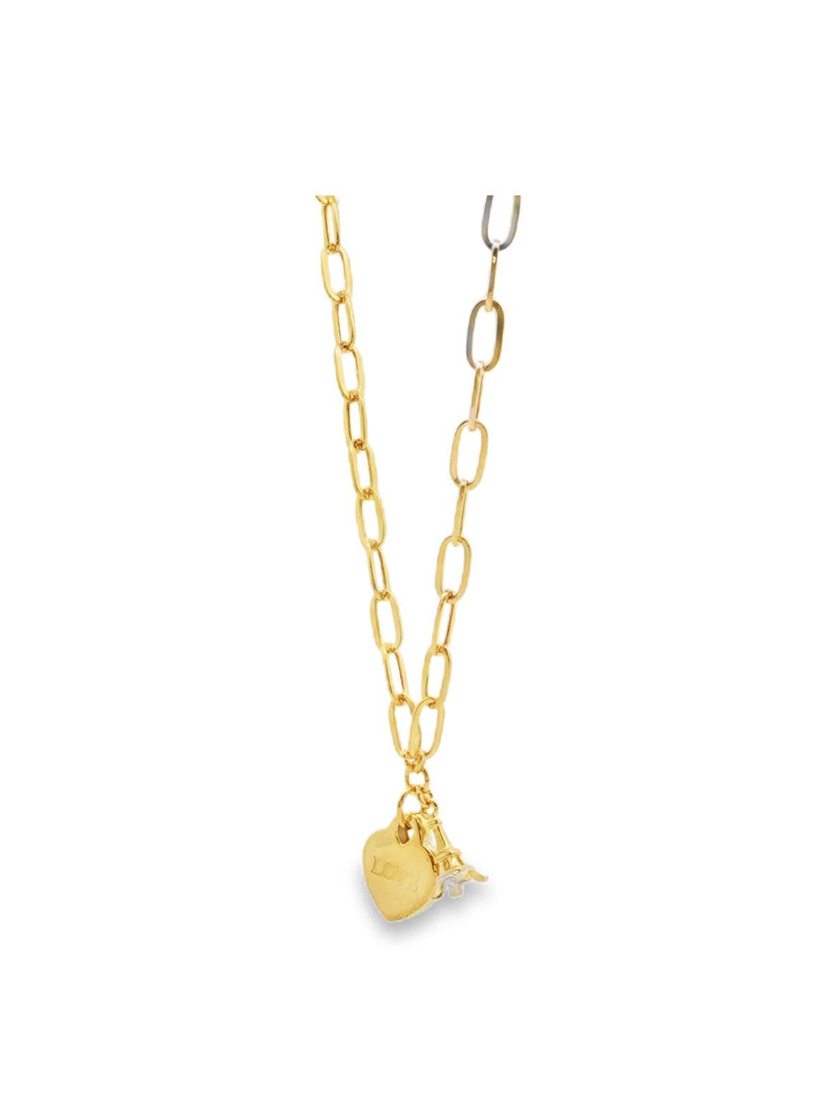 Yellow Gold Love Heart and Eiffel Tower Charm Necklace