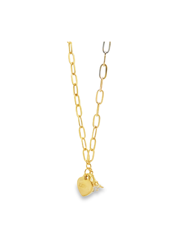 Yellow Gold Love Heart and Eiffel Tower Charm Necklace