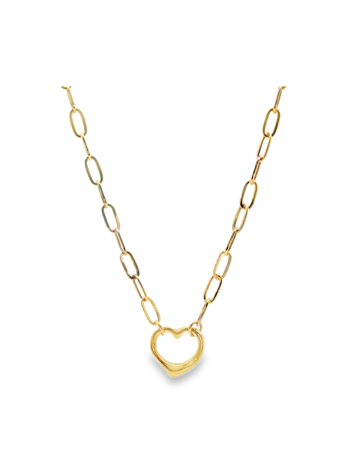 Yellow Gold Open Heart Paperclip Chain Necklace
