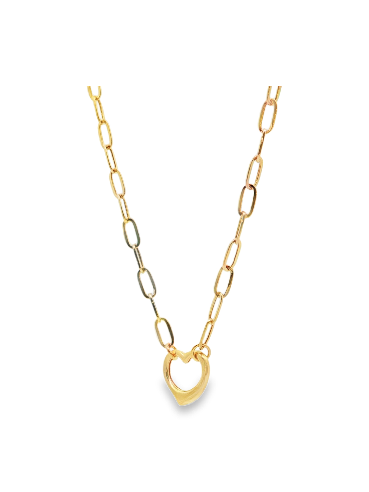 Yellow Gold Open Heart Paperclip Chain Necklace