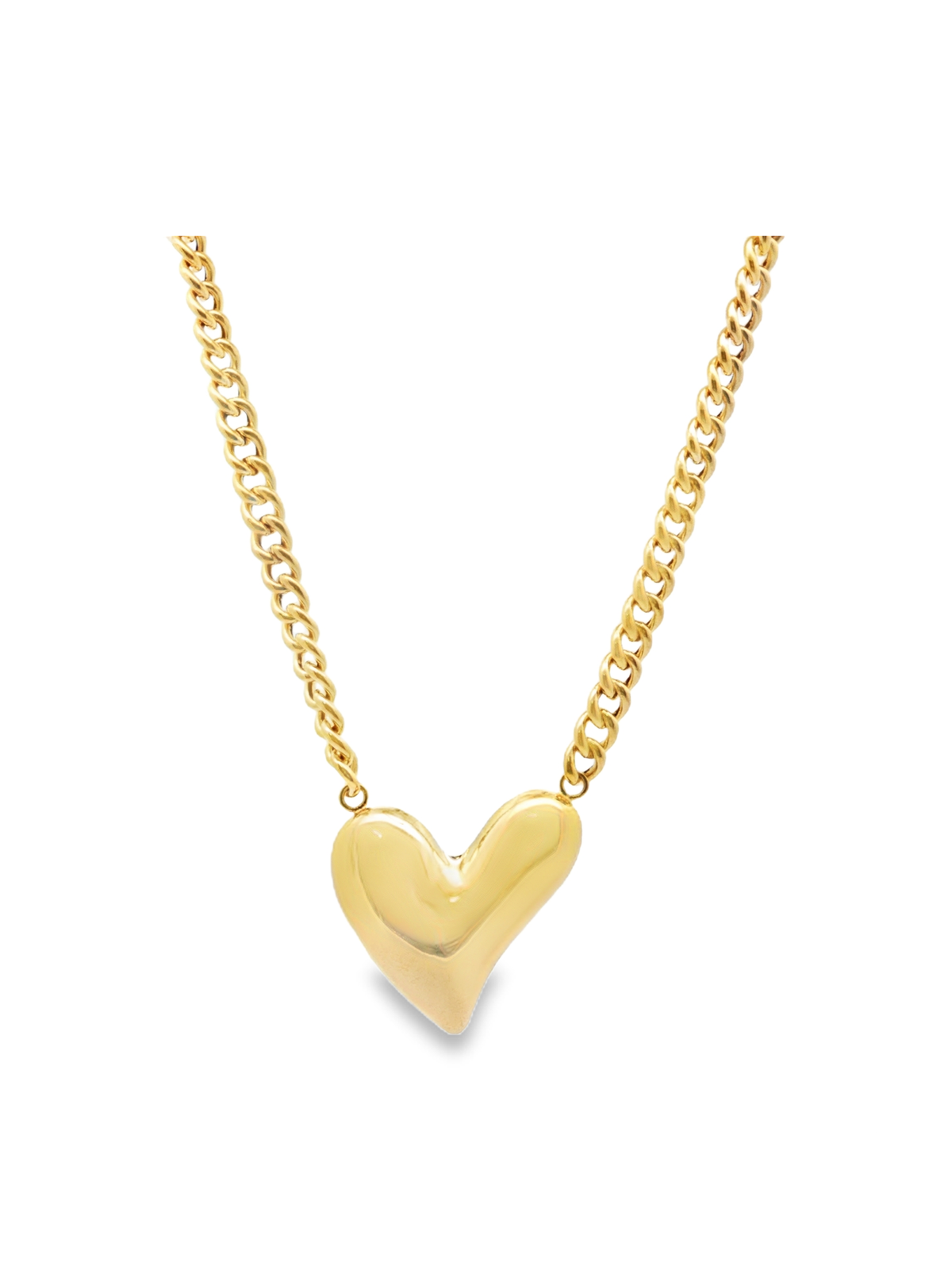 Yellow Gold Puffy Heart Charm Necklace on Curb Chain
