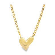Yellow Gold Puffy Heart Charm Necklace on Curb Chain