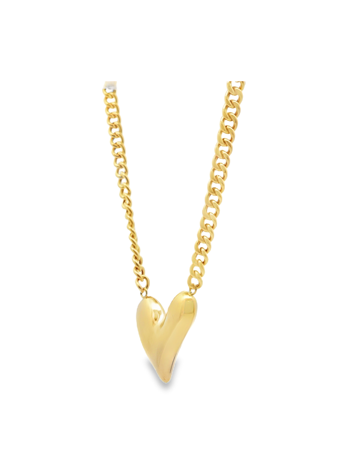 Yellow Gold Puffy Heart Charm Necklace on Curb Chain
