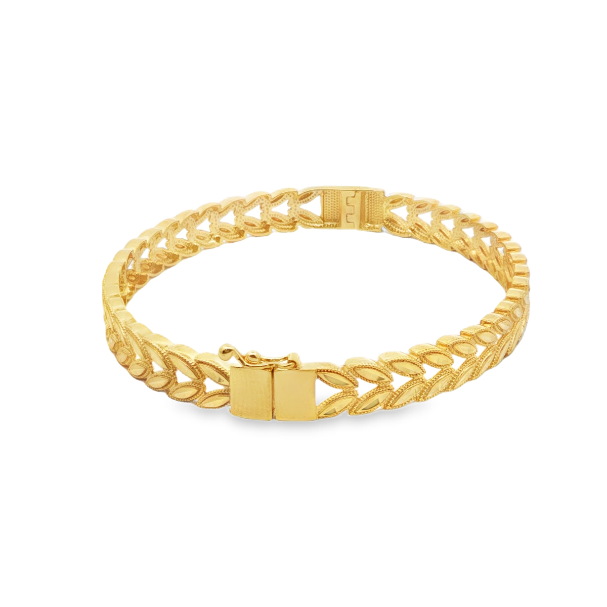 Yellow Gold Chevron Leaf Motif Bangle Bracelet