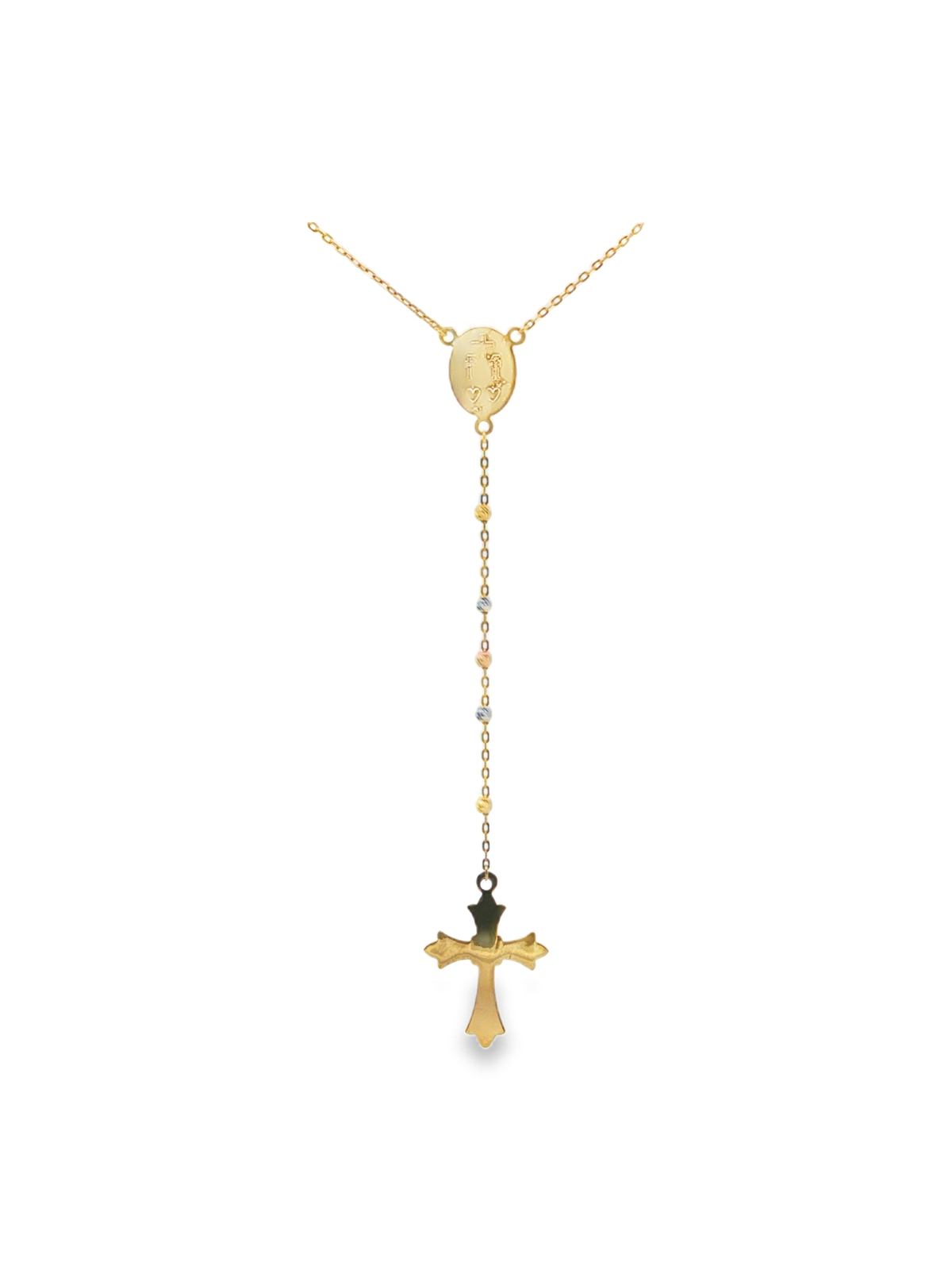 Yellow Gold Rosary Chain Necklace with Cross Pendant
