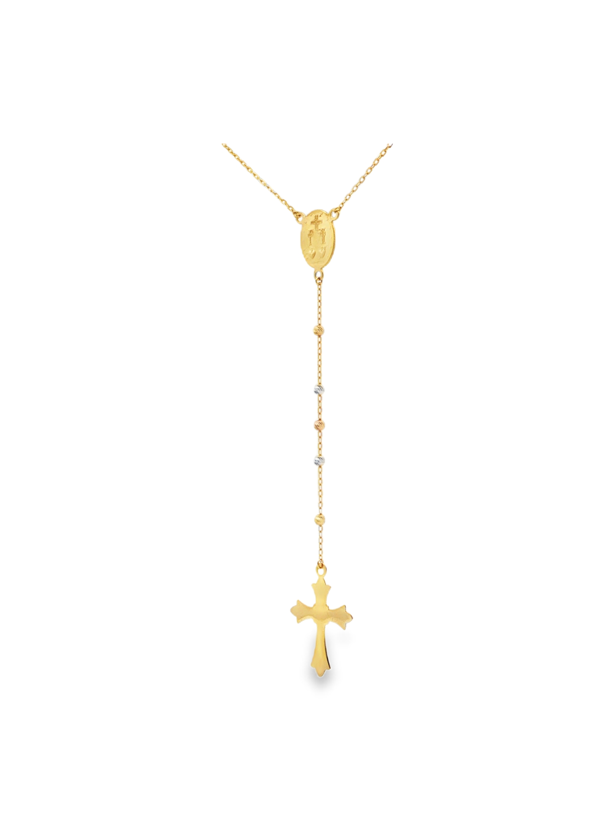 Yellow Gold Rosary Chain Necklace with Cross Pendant