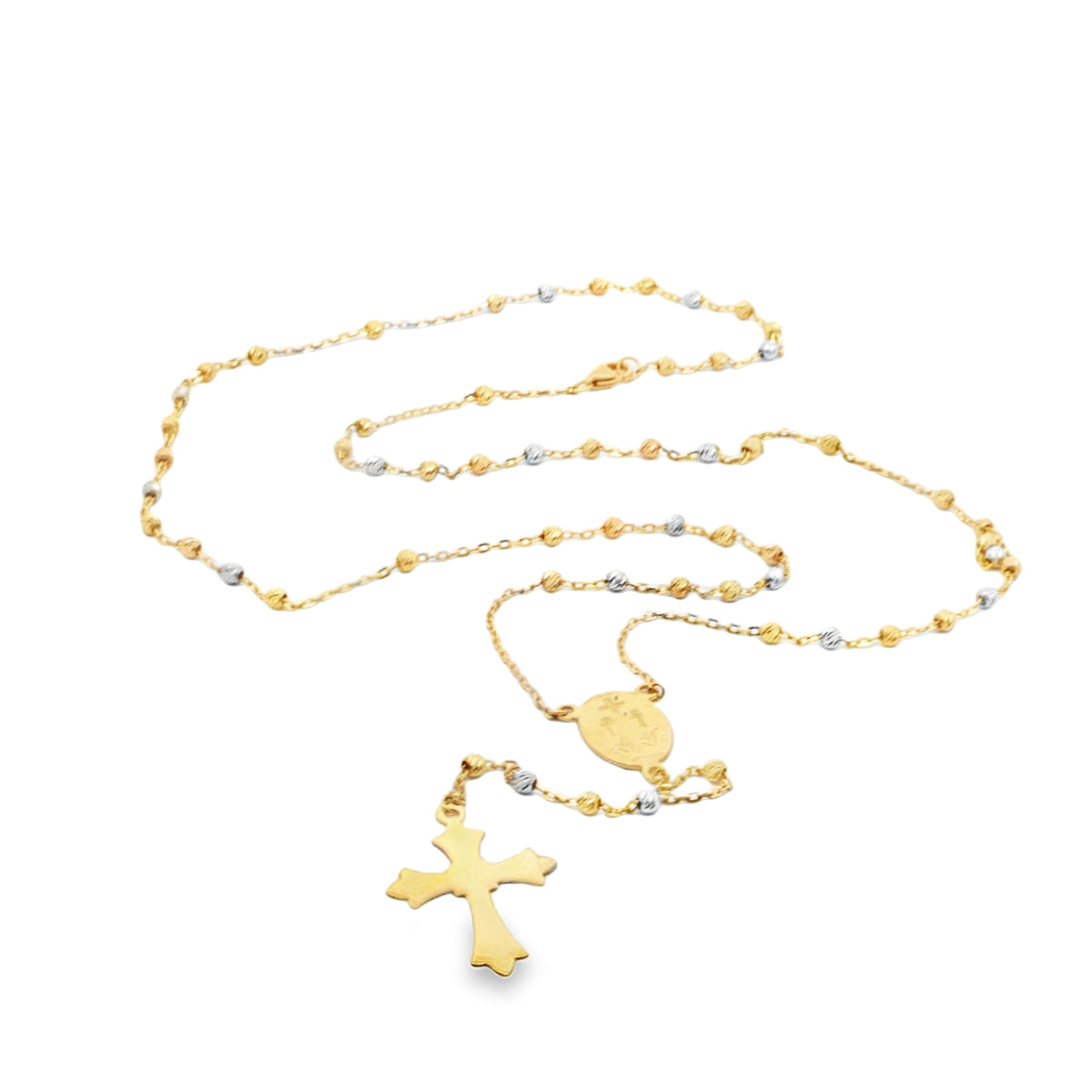 Yellow Gold Rosary Chain Necklace with Cross Pendant
