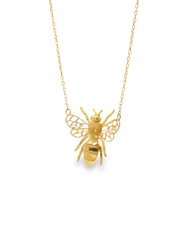 Yellow Gold Textured Bee Pendant Necklace