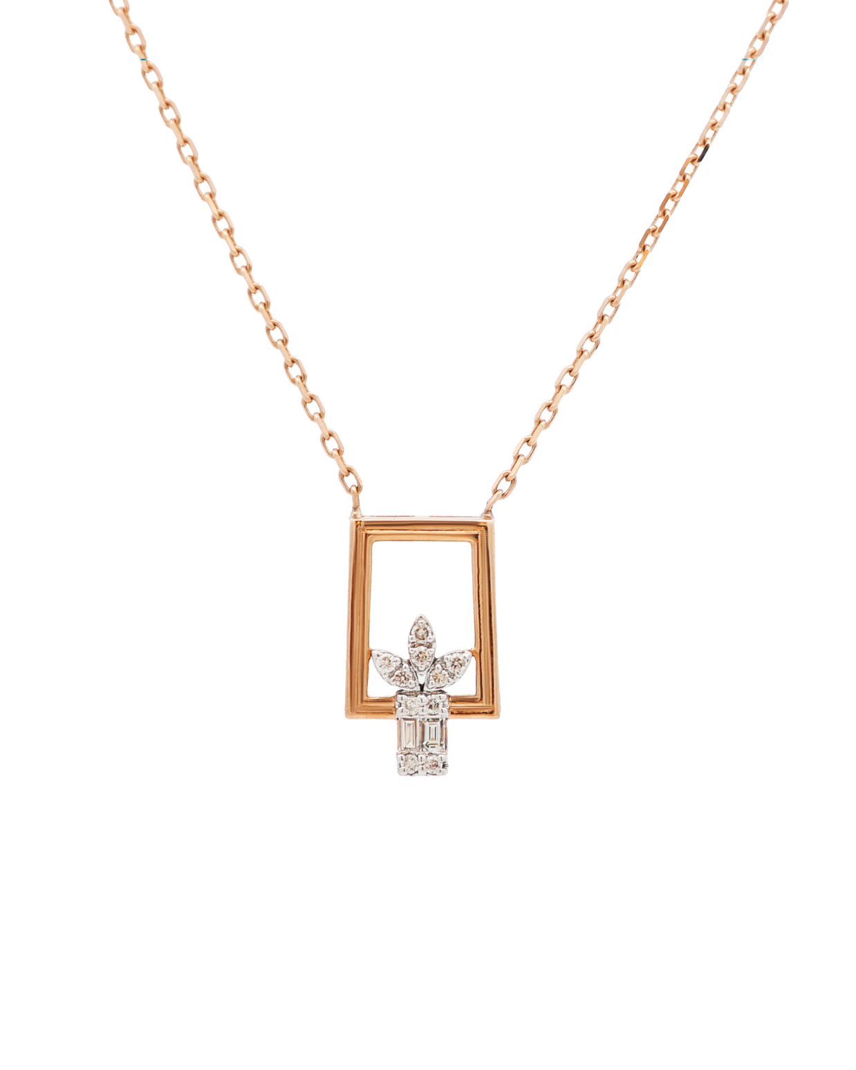 18K Rose Gold Round & Baguette Diamond Pendant Necklace