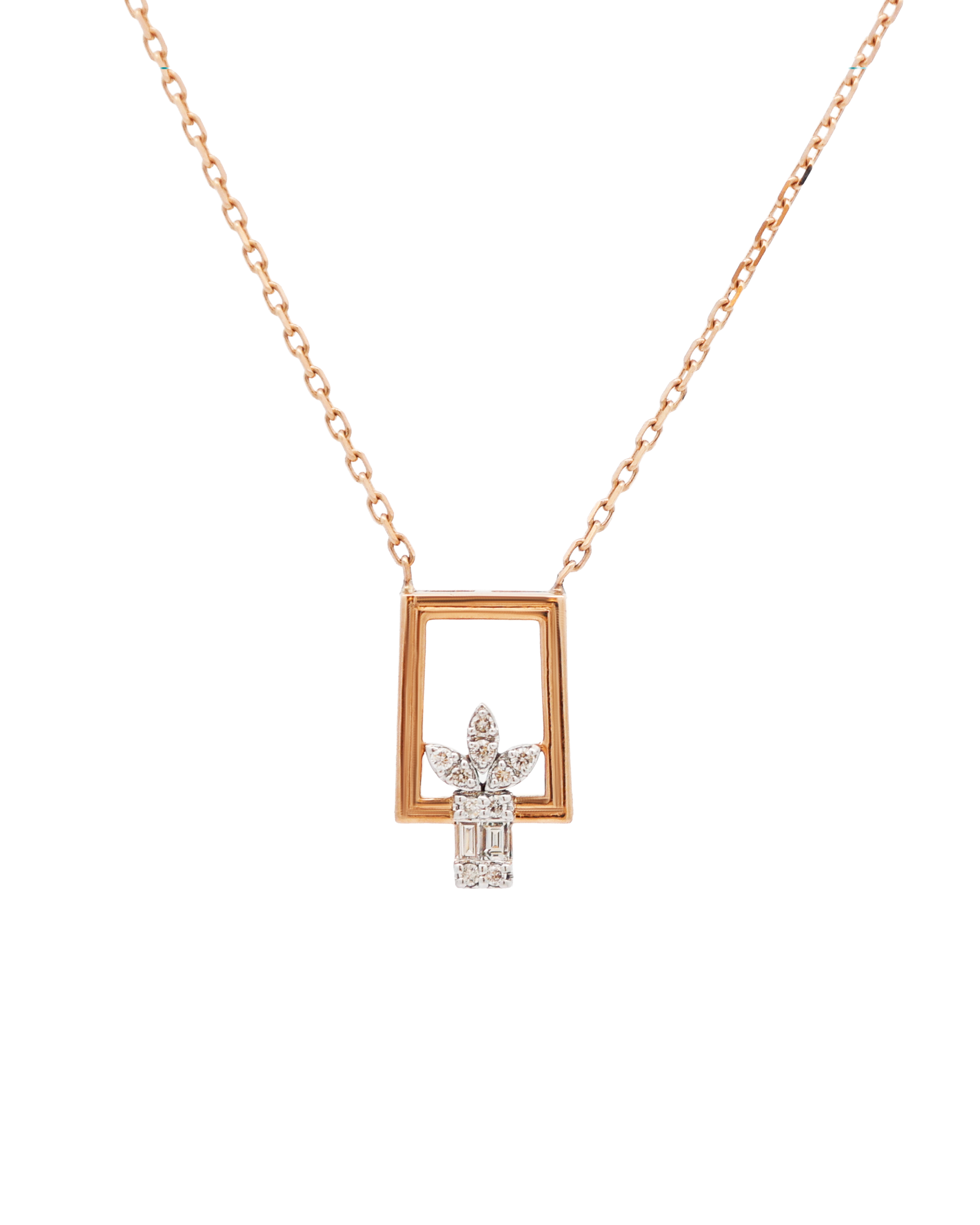 18K Rose Gold Round & Baguette Diamond Pendant Necklace