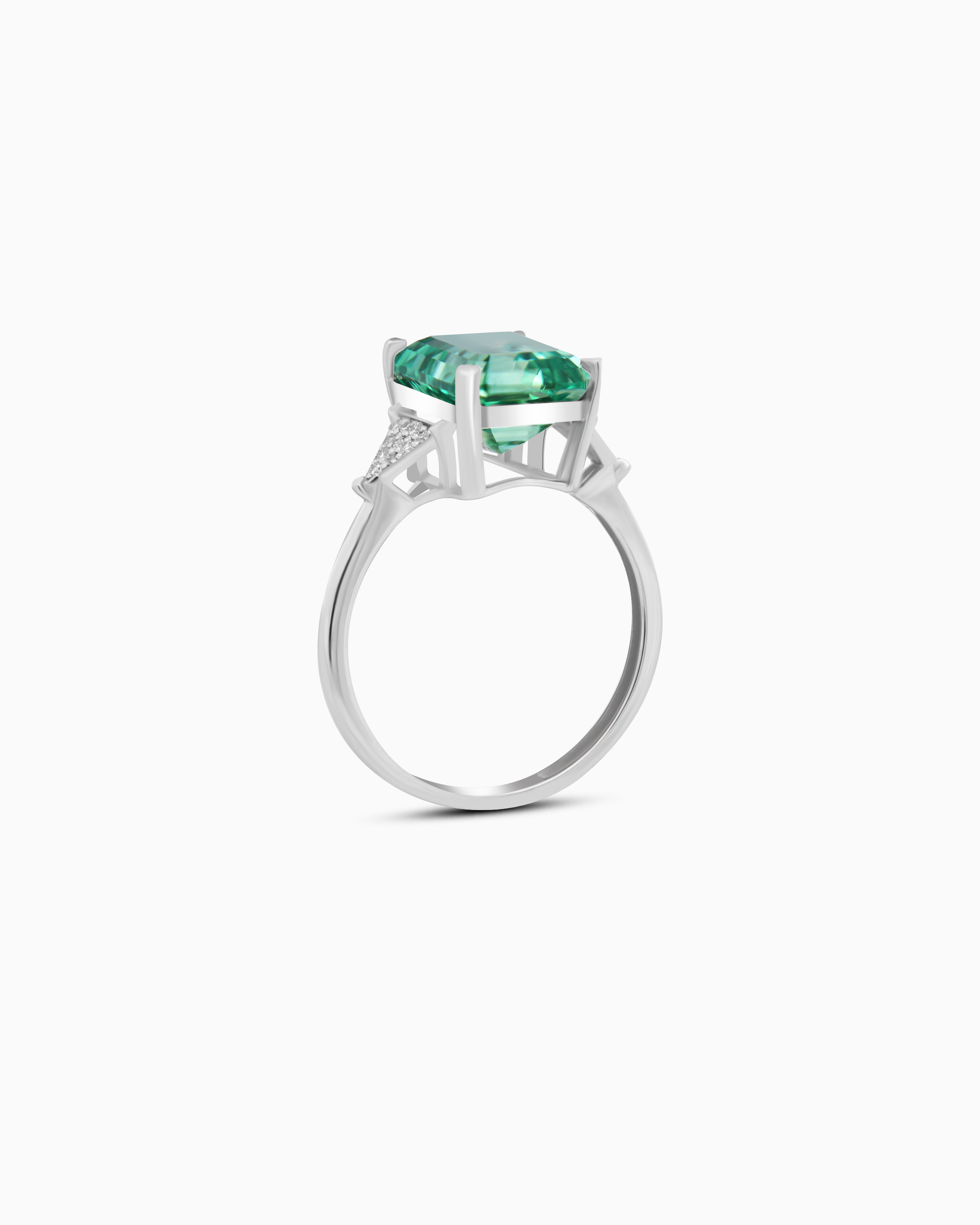 Lab Grown Emerald Cut Sapphire Ring – 18K White Gold, Diamond Accents