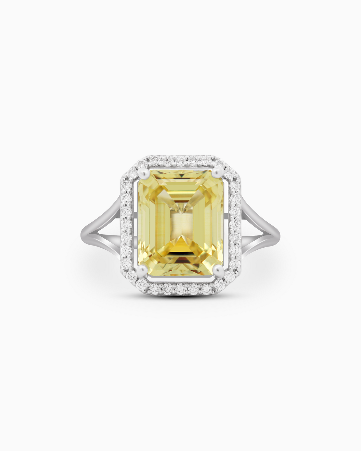 Lemon Light Emerald-Cut Sapphire Halo Ring in 18K White Gold