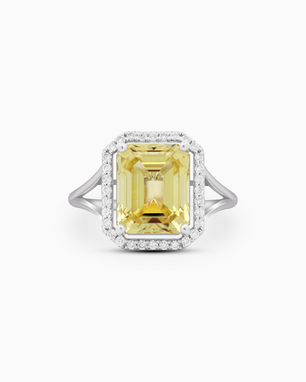 Lemon Light Emerald-Cut Sapphire Halo Ring in 18K White Gold
