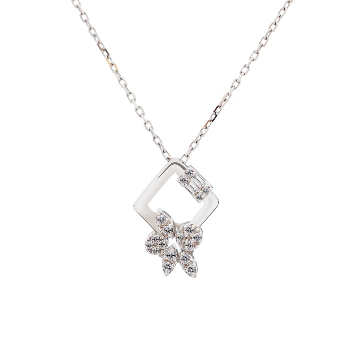 18K White Gold Round & Baguette Diamond Pendant Necklace – 0.10ct.