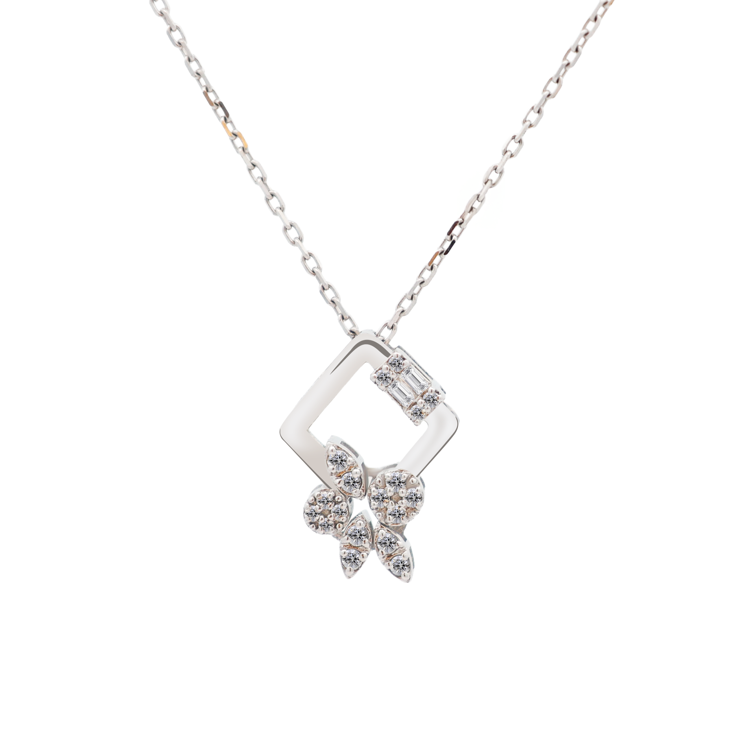 18K White Gold Round & Baguette Diamond Pendant Necklace – 0.10ct.