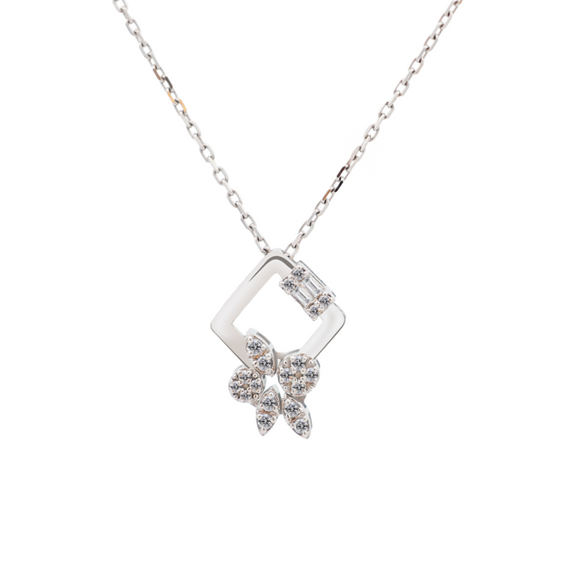 18K White Gold Round & Baguette Diamond Pendant Necklace – 0.10ct.