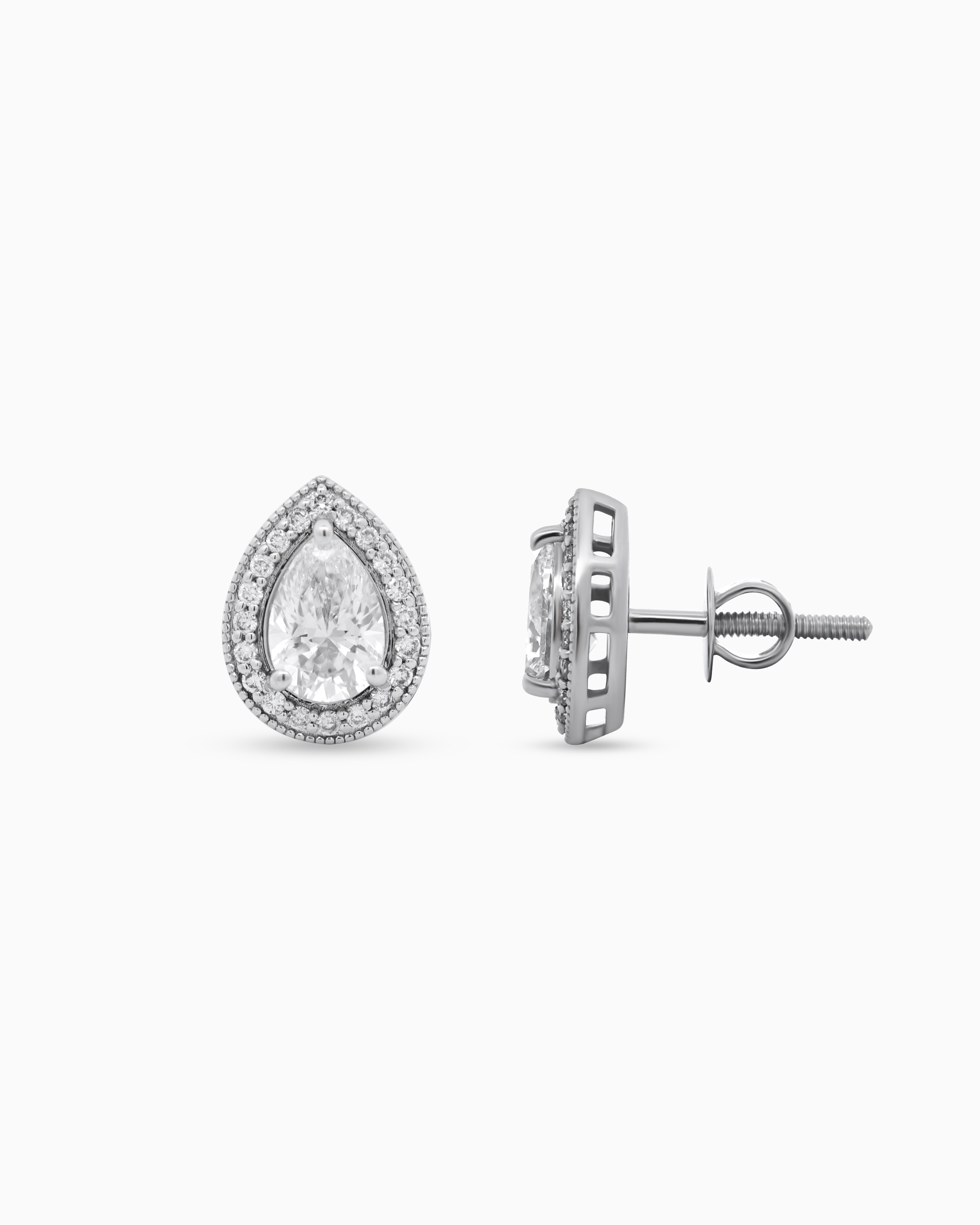 18K White Gold Pear Halo Lab-Grown Diamond Stud Earrings – 1.20ct.