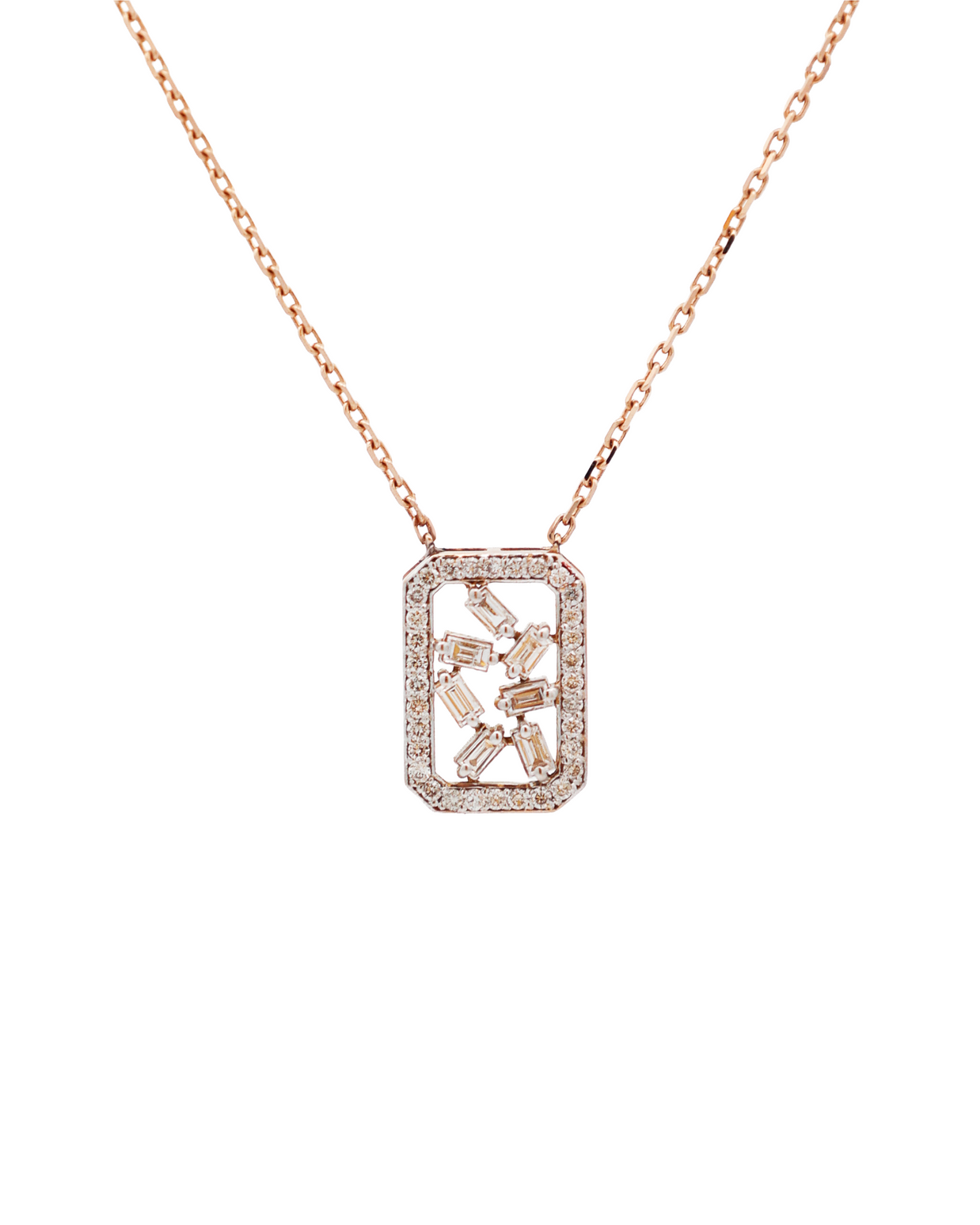 18K Rose Gold Round & Baguette Diamond Pendant Necklace – 0.20ct.