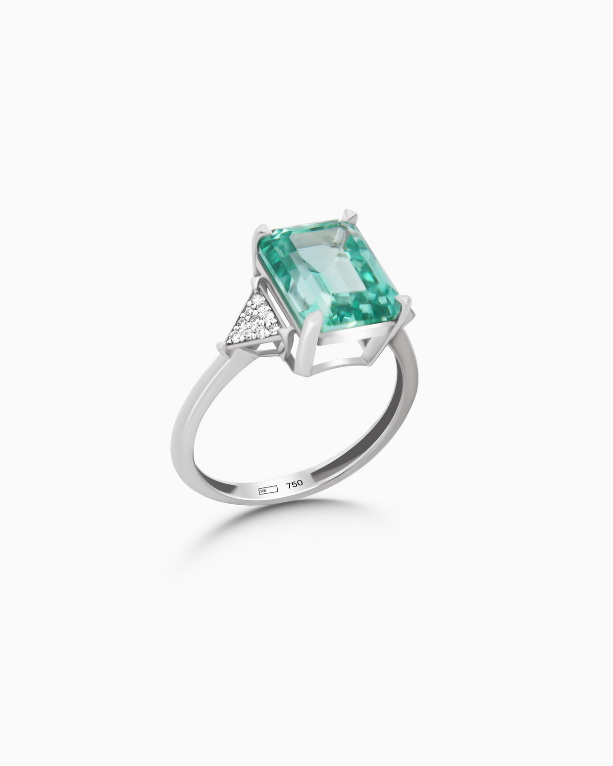 Lab Grown Emerald Cut Sapphire Ring – 18K White Gold, Diamond Accents