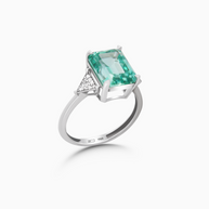 Lab Grown Emerald Cut Sapphire Ring – 18K White Gold, Diamond Accents