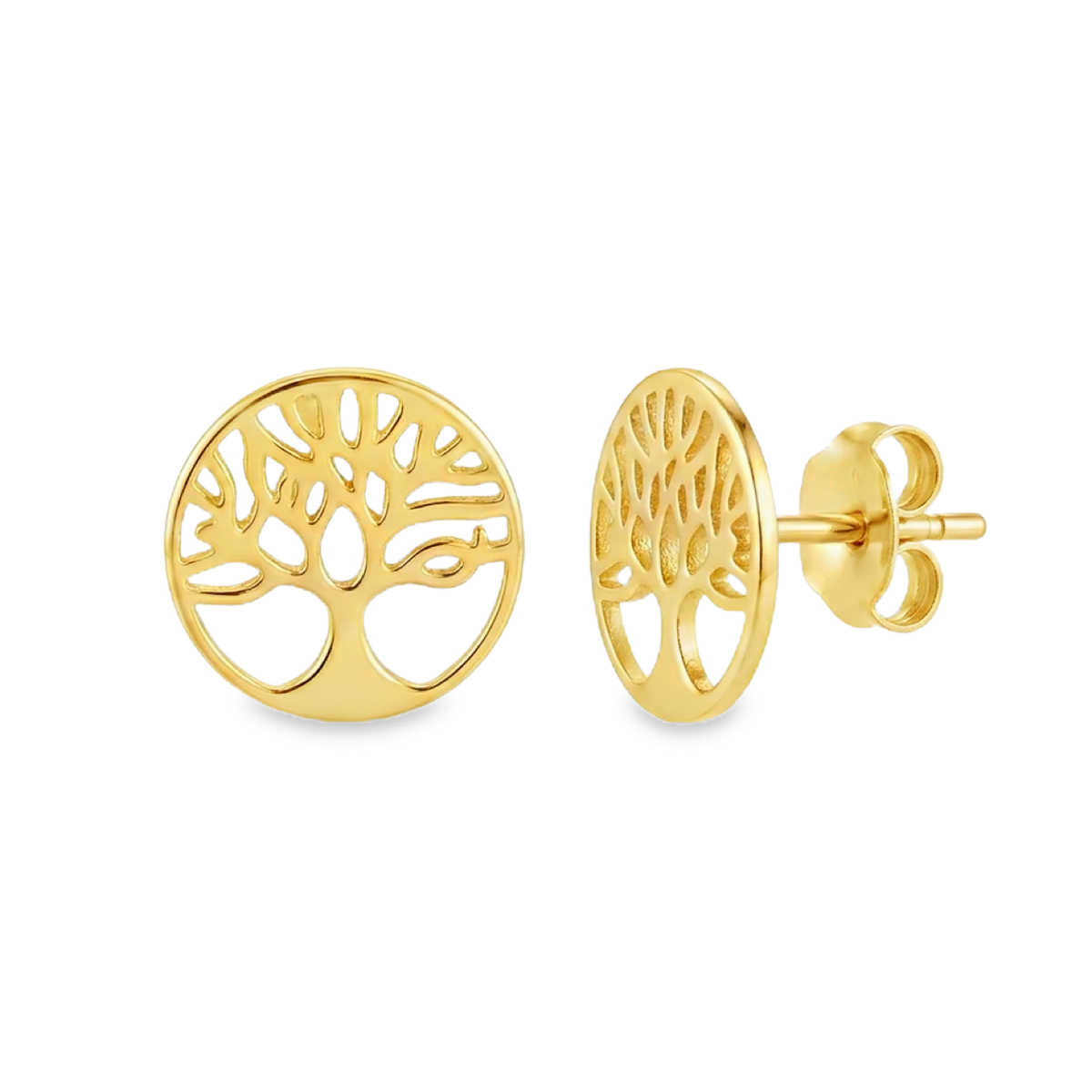 Golden Tree of Life Stud Earrings – Circular Cut-Out Filigree Disc Studs