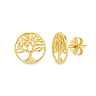 Golden Tree of Life Stud Earrings – Circular Cut-Out Filigree Disc Studs