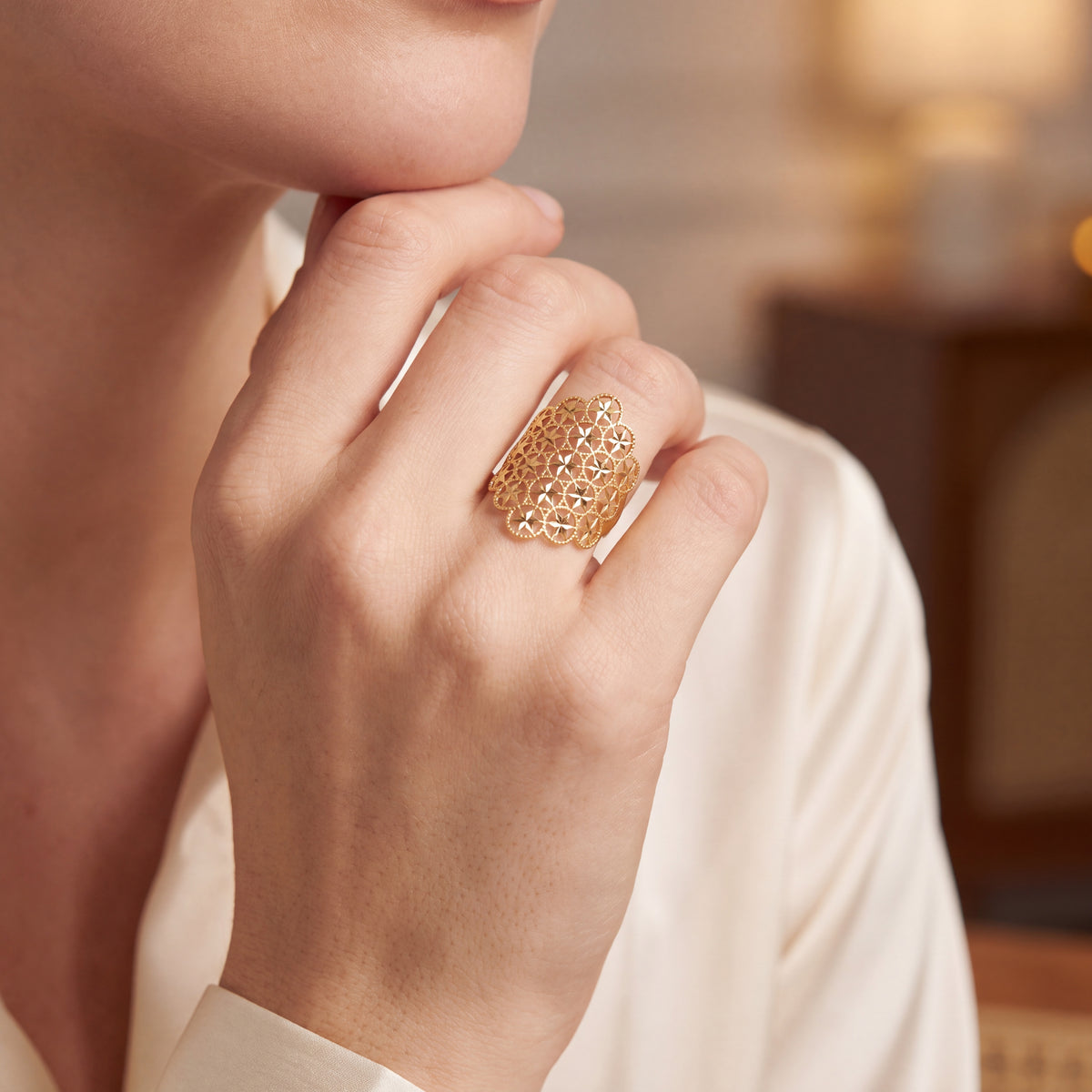 Yellow Gold Geometric Openwork Cocktail Ring