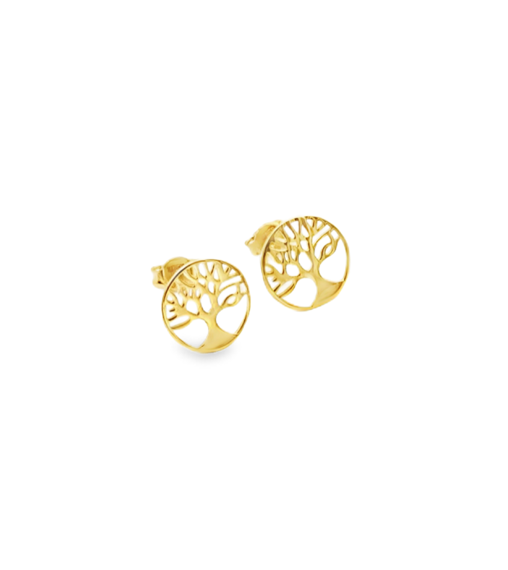 Golden Tree of Life Stud Earrings – Circular Cut-Out Filigree Disc Studs