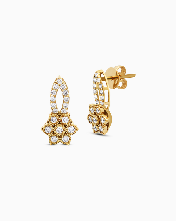 18K Yellow Gold Floral Diamond Drop Stud Earrings – 0.40ct.