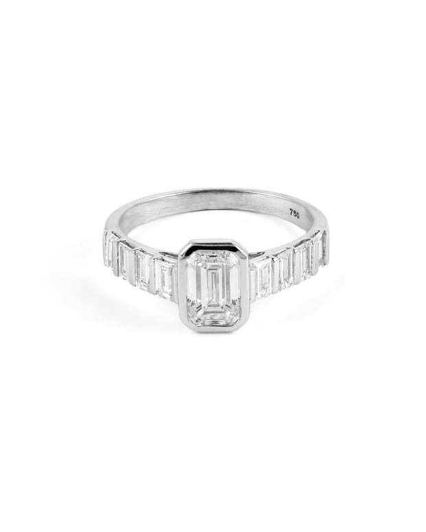 Bezel-Set Emerald-Cut Lab-Grown Diamond Ring with Baguette Accents
