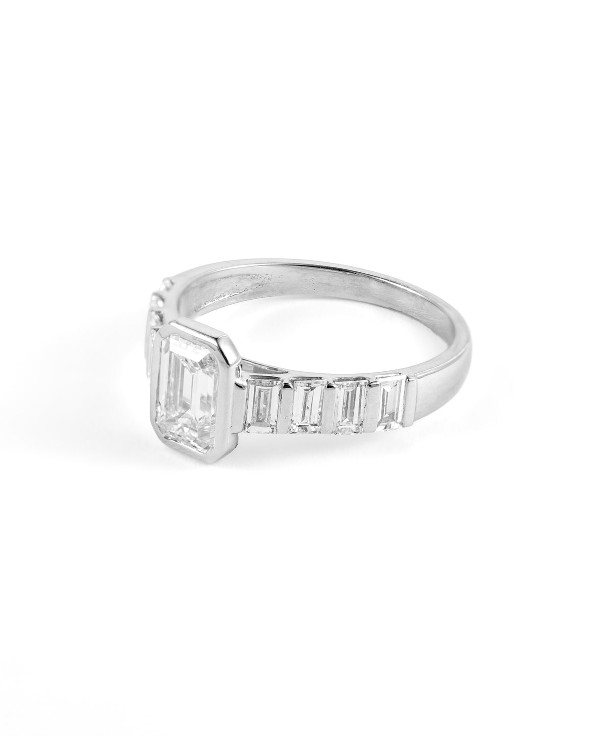 Bezel-Set Emerald-Cut Lab-Grown Diamond Ring with Baguette Accents