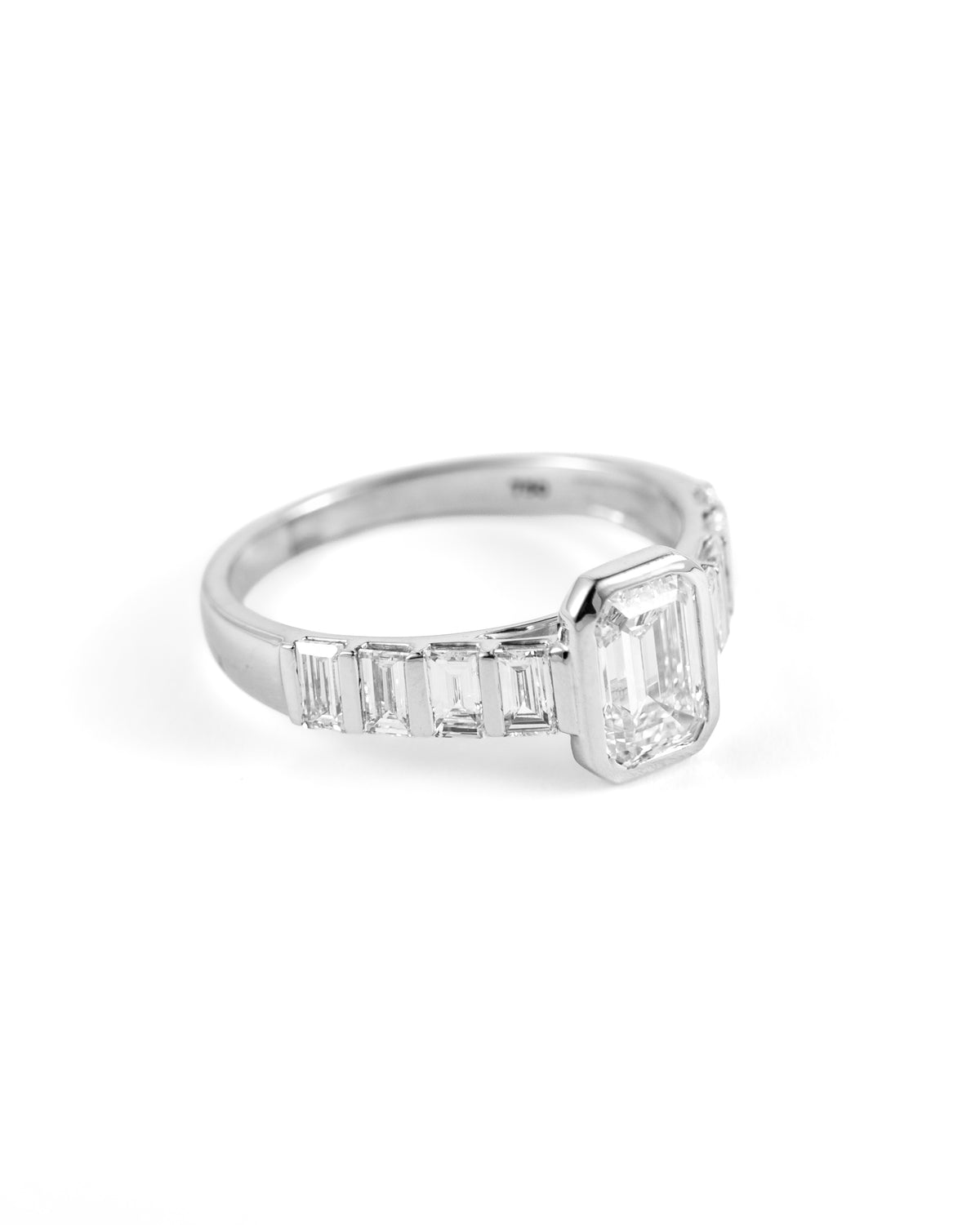 Bezel-Set Emerald-Cut Lab-Grown Diamond Ring with Baguette Accents