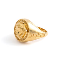 18K Yellow Gold Medusa Head Signet Ring with Greek Key