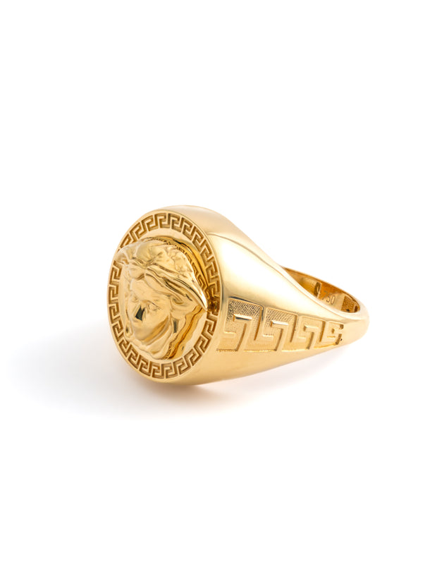 18K Yellow Gold Medusa Head Signet Ring with Greek Key