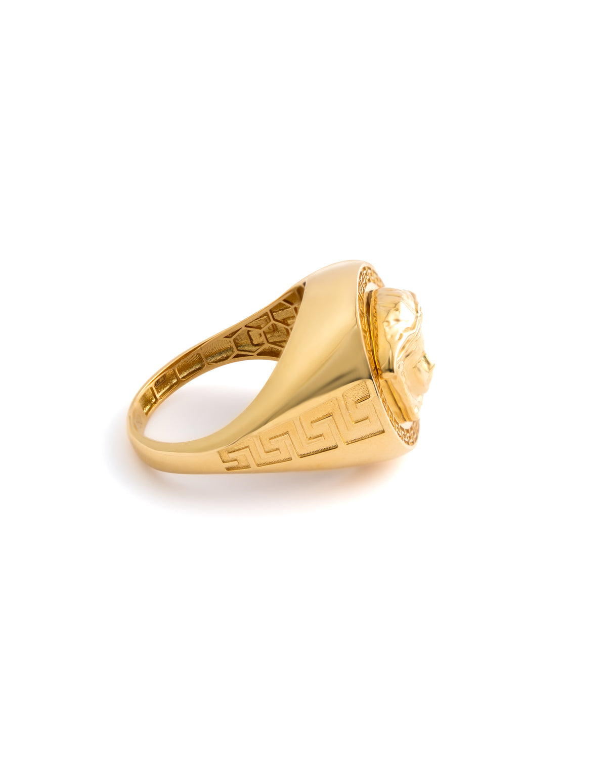 18K Yellow Gold Medusa Head Signet Ring with Greek Key