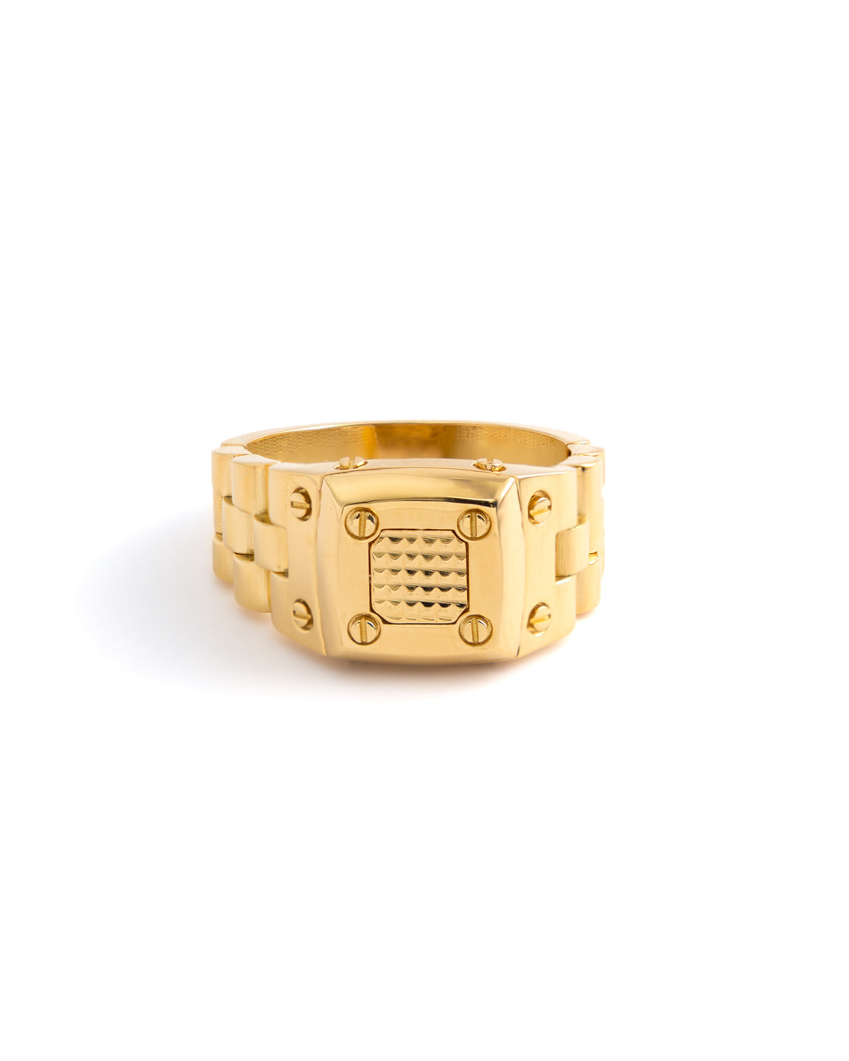 18K Yellow Gold Watch-Link Signet Ring with Screw Motifs