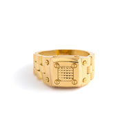 18K Yellow Gold Watch-Link Signet Ring with Screw Motifs