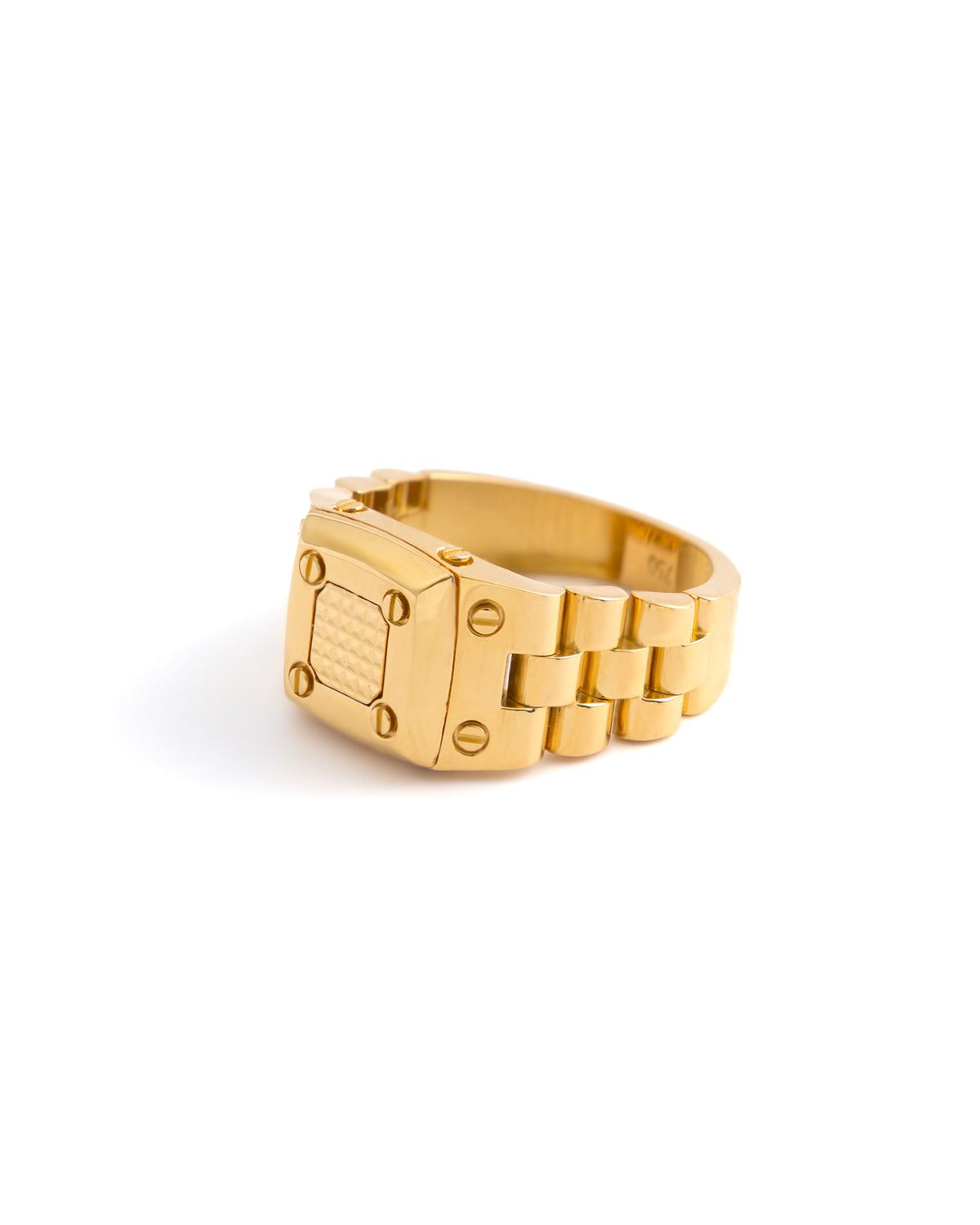 18K Yellow Gold Watch-Link Signet Ring with Screw Motifs