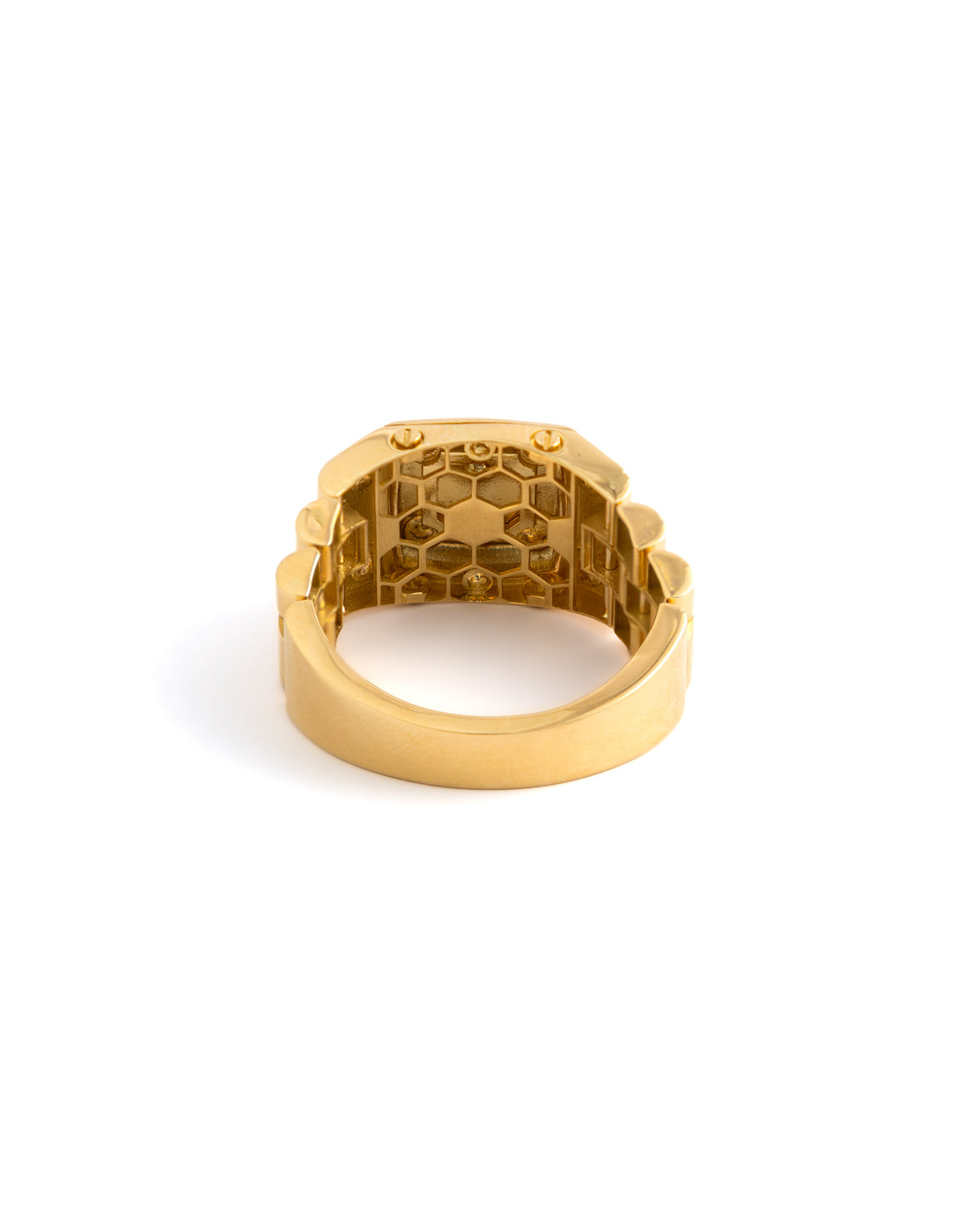 18K Yellow Gold Watch-Link Signet Ring with Screw Motifs