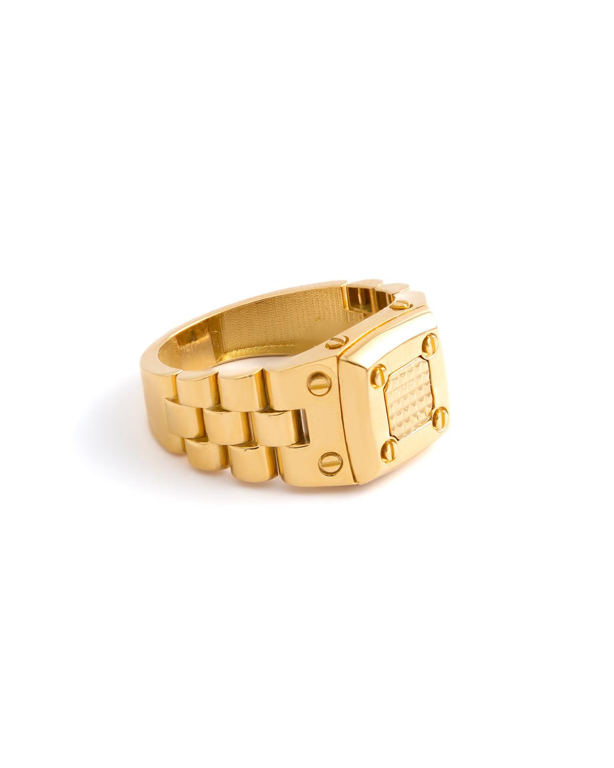 18K Yellow Gold Watch-Link Signet Ring with Screw Motifs