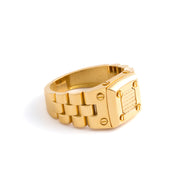 18K Yellow Gold Watch-Link Signet Ring with Screw Motifs