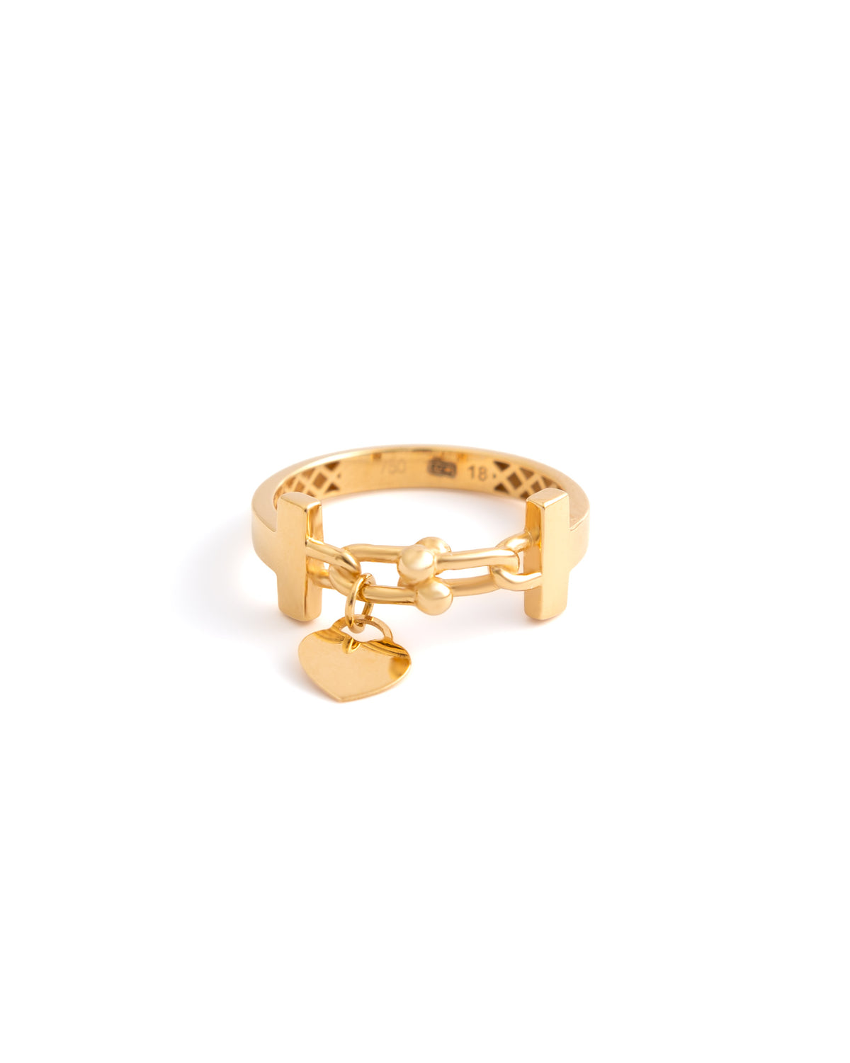 18K Yellow Gold Chain Link Ring with Heart Charm
