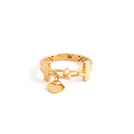 18K Yellow Gold Chain Link Ring with Heart Charm
