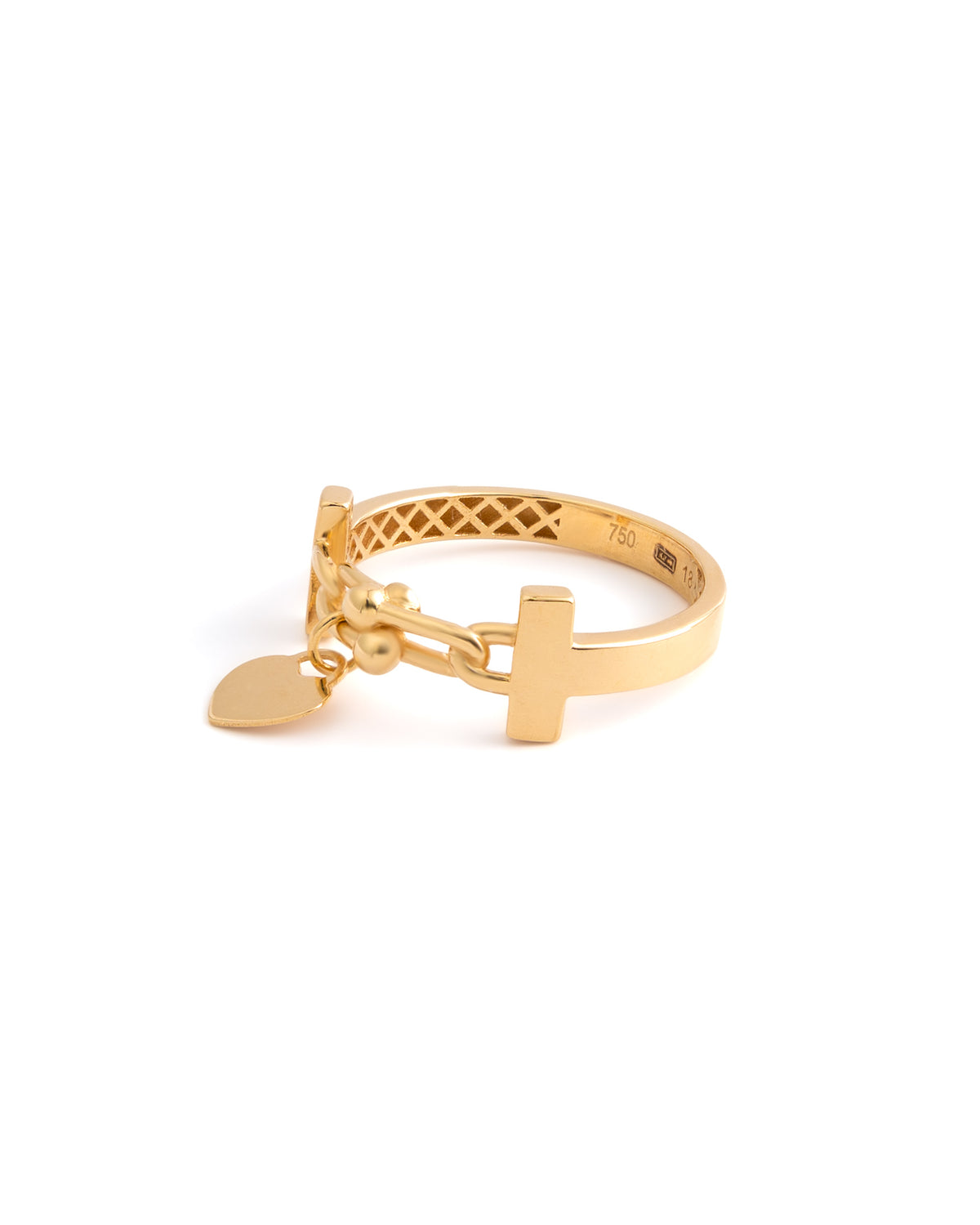 18K Yellow Gold Chain Link Ring with Heart Charm