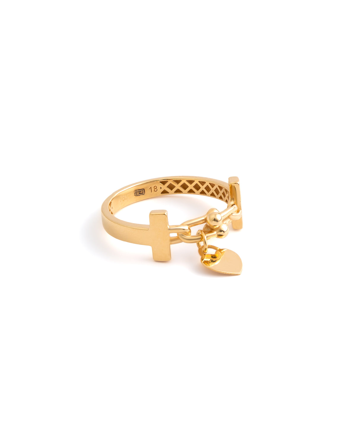 18K Yellow Gold Chain Link Ring with Heart Charm