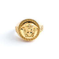 18K Yellow Gold Medusa Head Signet Ring with Greek Key