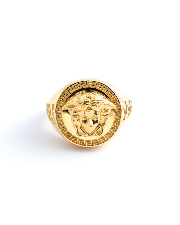 18K Yellow Gold Medusa Head Signet Ring with Greek Key